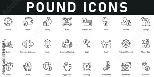 Pound Icons vector illustration with thin line editable stroke containing banknote, investment, assets, salary, financial network, profit, debt, currency exchange, coins, saving, price, income, fund.