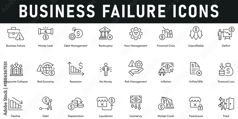 Fototapeta premium Business Failure Icons vector illustration with thin line editable stroke containing market crash, debt, decline, corporate collapse, bad economy, recession, risk management, financial loss, fired.