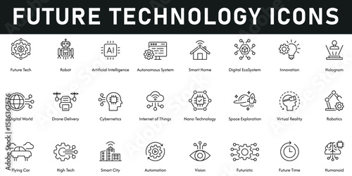 Future Technology Icons vector illustration with thin line editable strokes containing humanoid, automation, high tech, smart city, robotics, virtual reality, cybernetics, innovation, artificial, IOT