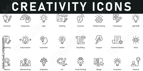 Creativity Icons vector illustration with thin line editable stroke containing innovation, brainstorming, vision, storytelling, prototyping, idea, imagination, design, inspiration, originality, art.