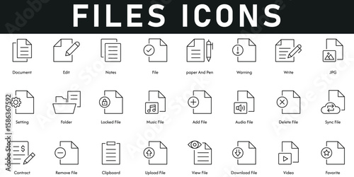 Files Icons vector illustration with thin line editable stroke containing clipboard, contract, audio, video locked, music, add, delete, sync, remove, upload, download, favorite, notes, paper pen.