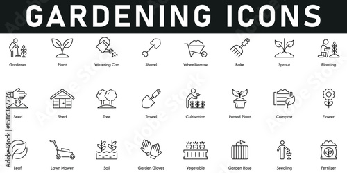 gardening Icons vector illustration with thin line editable stroke containing fertilizer, seedling, vegetable, soil, leaf, flowers, trowel, shed, planting, sprout, rake, shovel, plant, tree, seed.