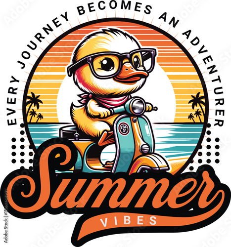 Cool duck riding scooter at sunset sunglasses bandana
