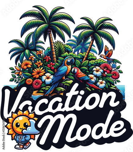 Tropical paradise parrots and sun character vacation