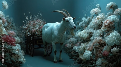   In the center of a field brimming with blossoms stands a goat beside a wheeled cart