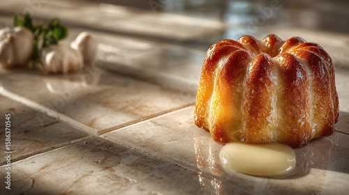   A beautifully baked bundt cake placed atop a tiled kitchen surface alongside a clove of garlic and a miniature piece of broccoli