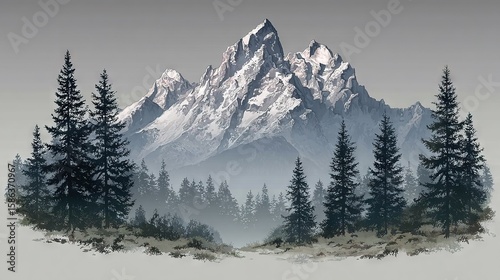   Painting depicts a snow-capped mountain with pine trees in the foreground and a hazy sky in the backdrop