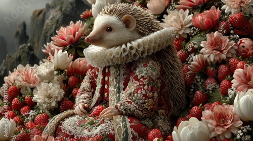   A hedge sits atop a mound of flowers beside a heap of strawberries and raspberries
