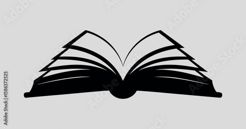 Open Book Silhouette Illustration for Education and Knowledge Concepts, Featuring Black and White Design with Pages and Spine, Ideal for Library, Reading, and Learning Projects, Isolated on Grey
