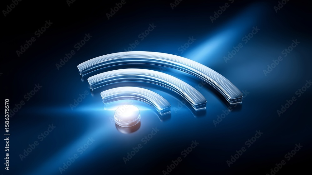 Glowing blue 3D Wi-Fi icon symbolizing modern wireless internet connection, digital signal strength and technology access, Generative AI Glowing blue 3D Wi-Fi icon symbolizing modern wireless internet connection, digital signal strength and technology access, Generative AI