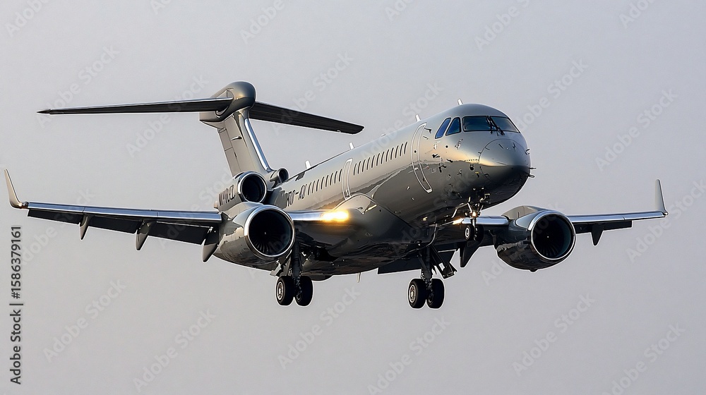 Naklejka premium A silver business jet descends during landing, showcasing its sleek design and advanced technology