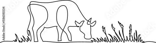 Cow standing and eating grass. Continuous one line drawing