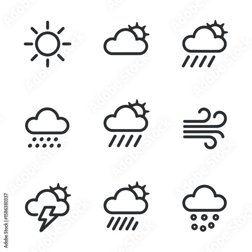 Weather Icons Set with Sun - Line Art Vector Symbols for Sunny, Cloudy, Rainy, Snowy, Windy, and Stormy Conditions - Minimalist Weather Forecast Elements