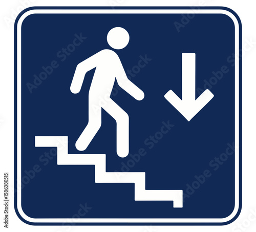 Downward stairway sign, directional, pedestrian movement, clear icon