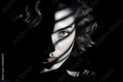 Caught in shadows, a woman's intense gaze captivates with mystery and allure in a dimly lit room