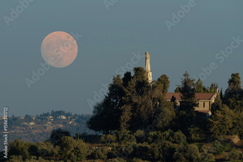 Our Lady of the Ark of the Covenant Church in Abu Ghosh during a full moon rising