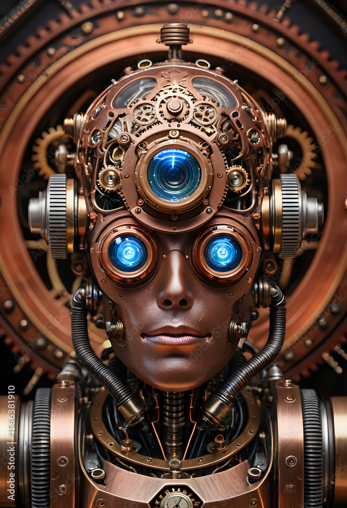 Fototapeta premium Steampunk Robot Portrait with Mechanical Details and Glowing Eyes
