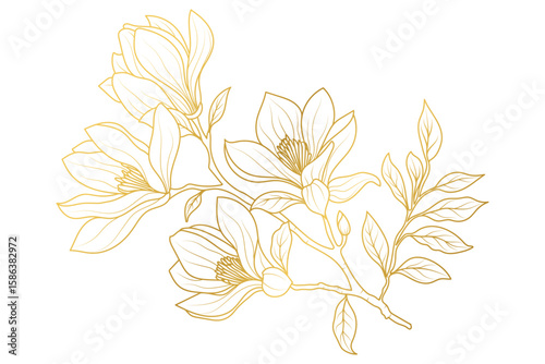 Magnolia Flower Line Art Golden Style.