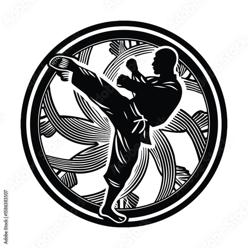 Martial artist performing a high kick within a circular emblem silhouette