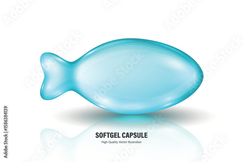 Vector 3d Realistic Fish Shaped Softgel Capsule Icon, Isolated. Glossy Blue Capsule Icon for Omega 3, Vitamin D, Kids Supplement. Transparent Capsule for Pharmacy, Capsule Packaging, Medical Product