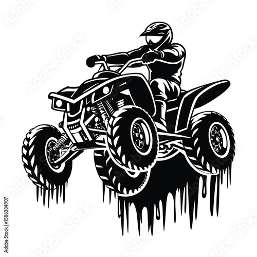 Dynamic atv rider in mid air action silhouette with dripping effect