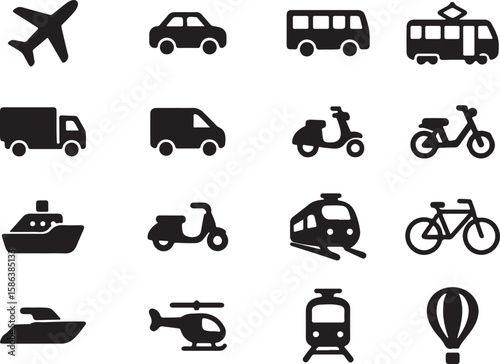 Vector art of various modes of transportation are displayed as black icons isolated on white background