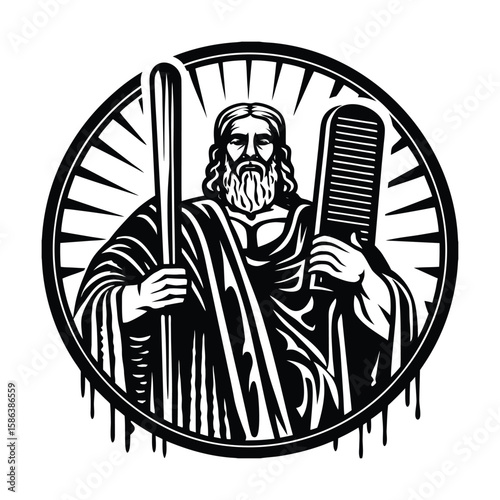Moses holding the ten commandments and staff in a circular emblem silhouette