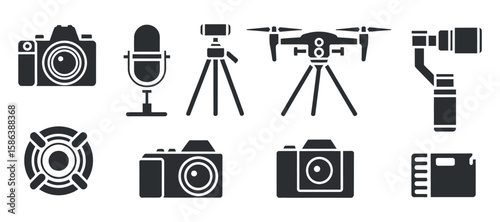 Capture the Moment A Collection of Camera, Microphone, Tripod, Drone, Gimbal, Fan, and Lens Icons for Photography, Videography, and Content Creation Projects