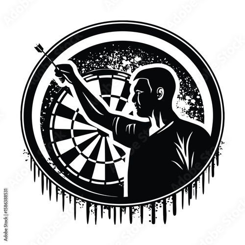 Darts player aiming at dartboard with aggressive grunge splatter effect silhouette