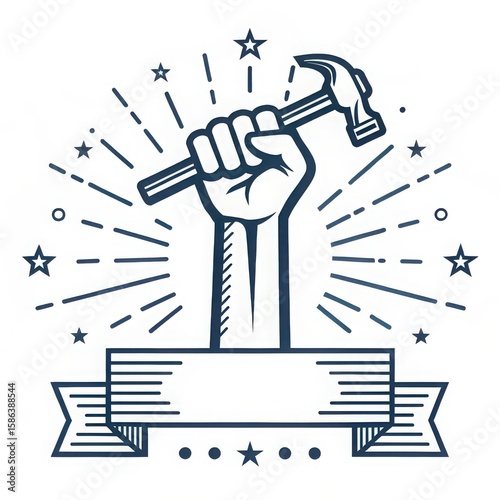 Fist holding hammer with stars and banner symbolizing labor and strength