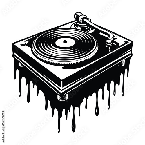 Vintage turntable with dripping ink effect silhouette
