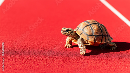 Dynamic tortoise sprinting along crisp red track lanes