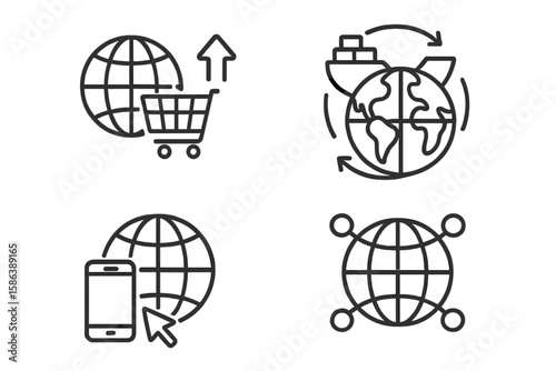 Global business line icon set for e-commerce and logistics. Worldwide shipping, international trade, and mobile shopping concepts. Global network and supply chain vectors.