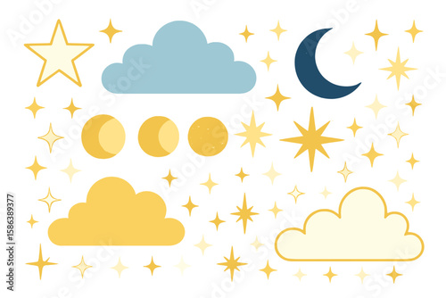 Celestial nursery decoration set with cute stars, clouds, and moon phases. Boho baby shower vector illustration icons. Whimsical night sky elements for kids design.