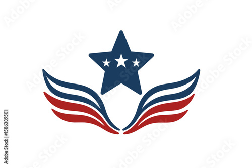 American patriotic design element with a central star and wings. USA flag emblem for 4th of July, Independence Day, or Memorial Day. A symbol of freedom, military, and veterans.