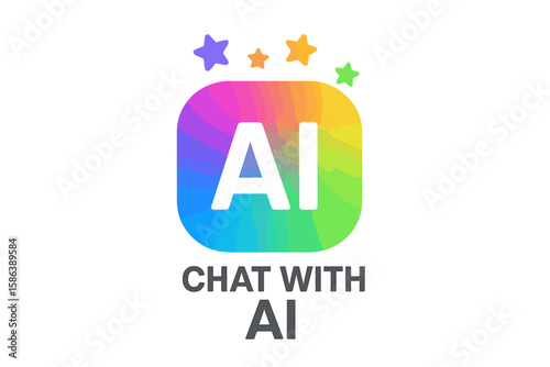 Artificial intelligence logo with stars. Colourful AI generate button, symbol, chat with AI sign for online tool, app, website and UI design. Modern chatbot icon concept.