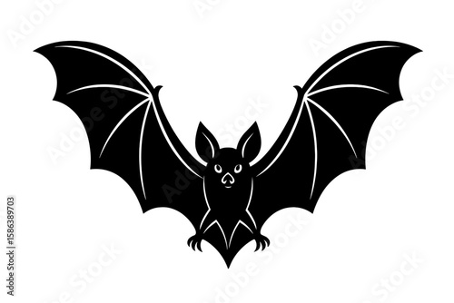 Black bat flying silhouette. Spooky Halloween horror decoration. Gothic vampire creature icon. Nocturnal animal vector illustration. Cute cartoon monster design element.