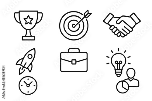 Business success and startup line icon set. Vector symbols of achievement, goals, and partnership. Thin outline pictograms of trophy, target, deal, rocket, and innovation.