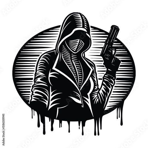 Mysterious hooded figure holding a pistol in a stylized oval silhouette