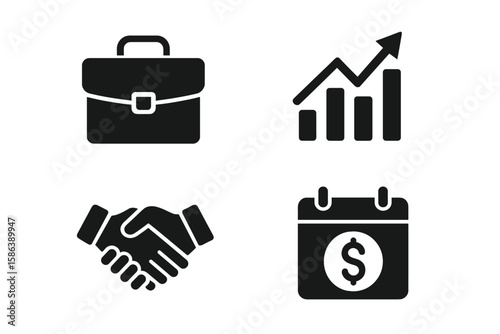 Business and finance solid glyph icon set. Pictograms of briefcase for corporate work, growth chart for investment and marketing, handshake for partnership and deal agreement.