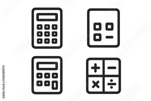 Calculator icon set. Collection of simple outline vector symbols for app, UI, UX and website design. Financial and mathematical calculation signs. Minimalist web buttons.