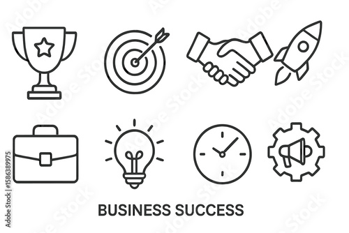 Business success line icon set. Vector pictograms of trophy award, bullseye target, deal handshake, startup rocket, briefcase, innovation idea, time management, marketing.