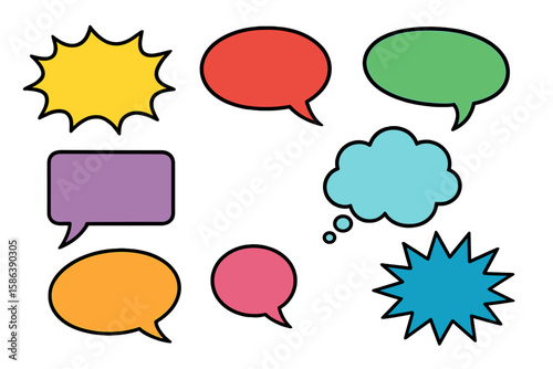 Colorful comic speech bubble set. Vector illustration of chat and thought bubbles for communication and dialogue. Blank pop art graphic message elements for design isolated.