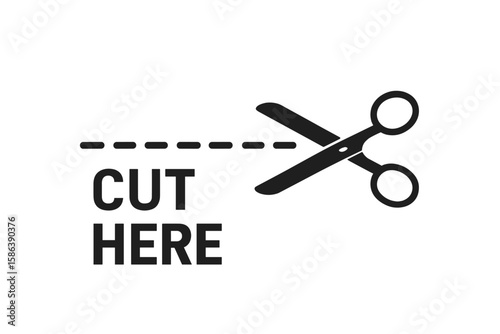 Cut here sign with scissors icon and a dashed line. A vector symbol for a coupon, ticket, or package opening. Trim line border for product packaging. Cutout guide illustration.