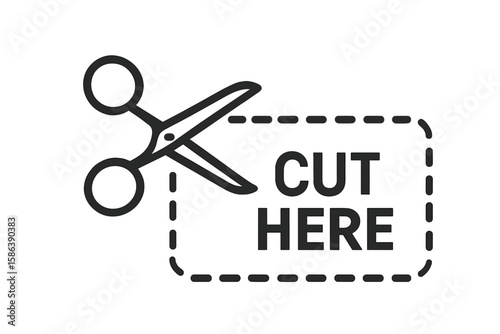 Cut here sign with scissors icon and dashed line. Vector symbol for trimming coupon borders, tickets, or product packaging. Cutout guideline and cutting instruction symbol.