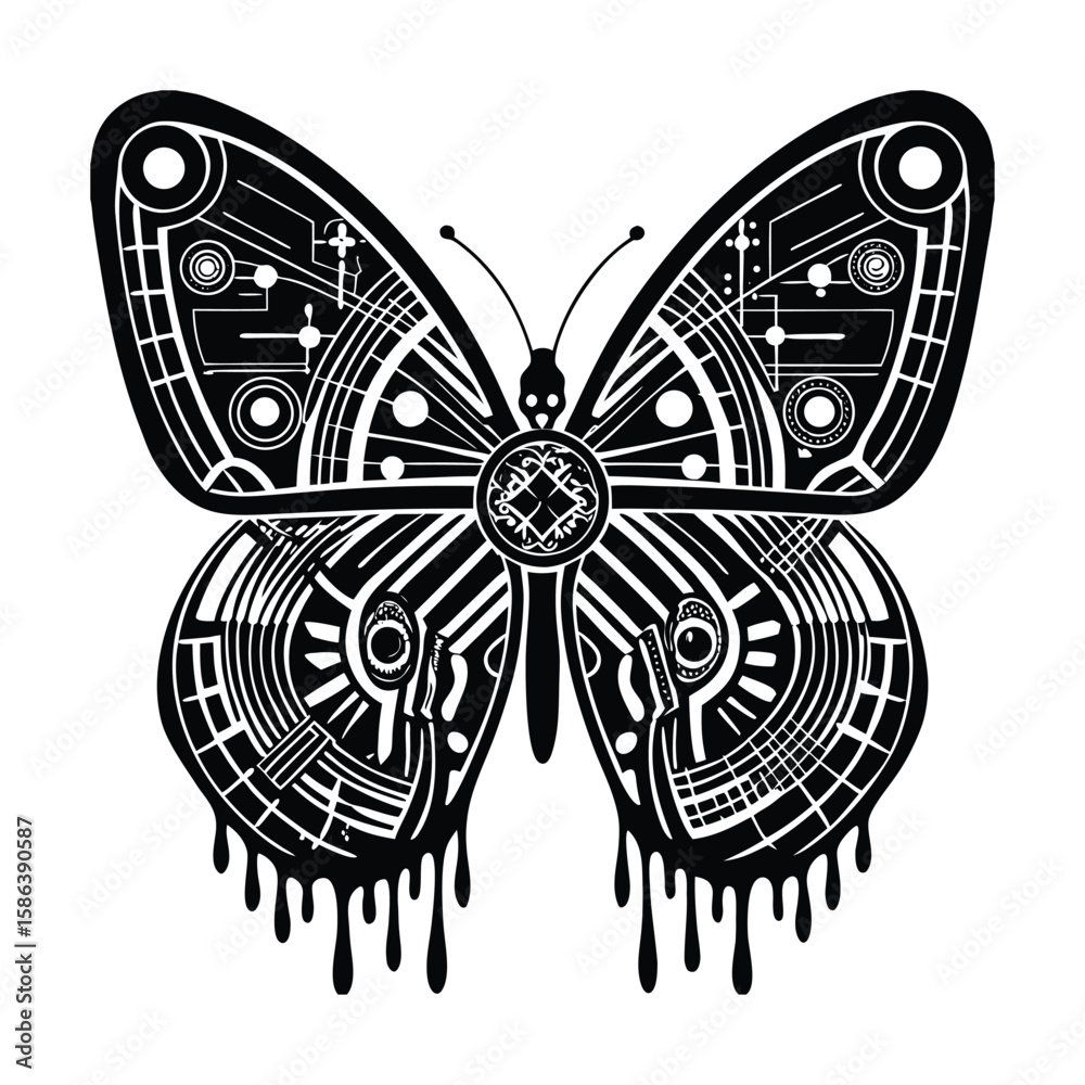 Intricate geometric cyberpunk butterfly with dripping wings silhouette Intricate geometric cyberpunk butterfly with dripping wings silhouette