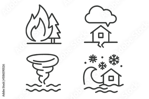 Natural disaster and weather hazard outline icon set. Vector pictograms of environmental calamities, emergency, wildfire, earthquake, tornado, flood, tsunami, storm.