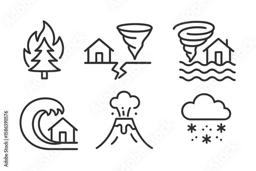 Natural disaster line icon set. Weather hazard vector pictograms. Environmental calamities, wildfire, earthquake, tornado, flood, tsunami, volcanic eruption, storm, emergency.