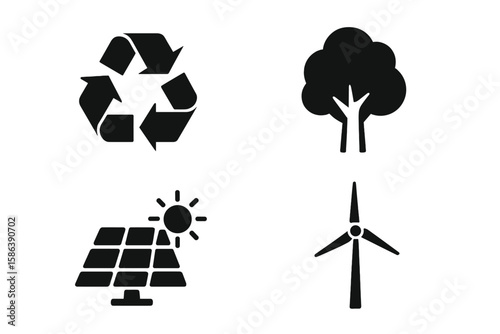 Eco and sustainability icon set. Vector glyphs of recycle, tree, solar panel, wind turbine. Environment, renewable green energy, conservation concept. Alternative power source.