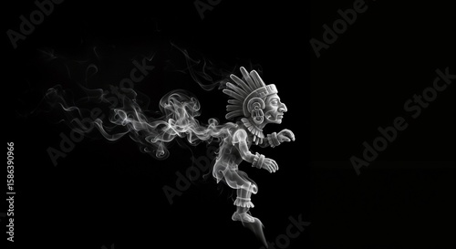 Aztec warrior figure appearing through swirling smoke on black background  